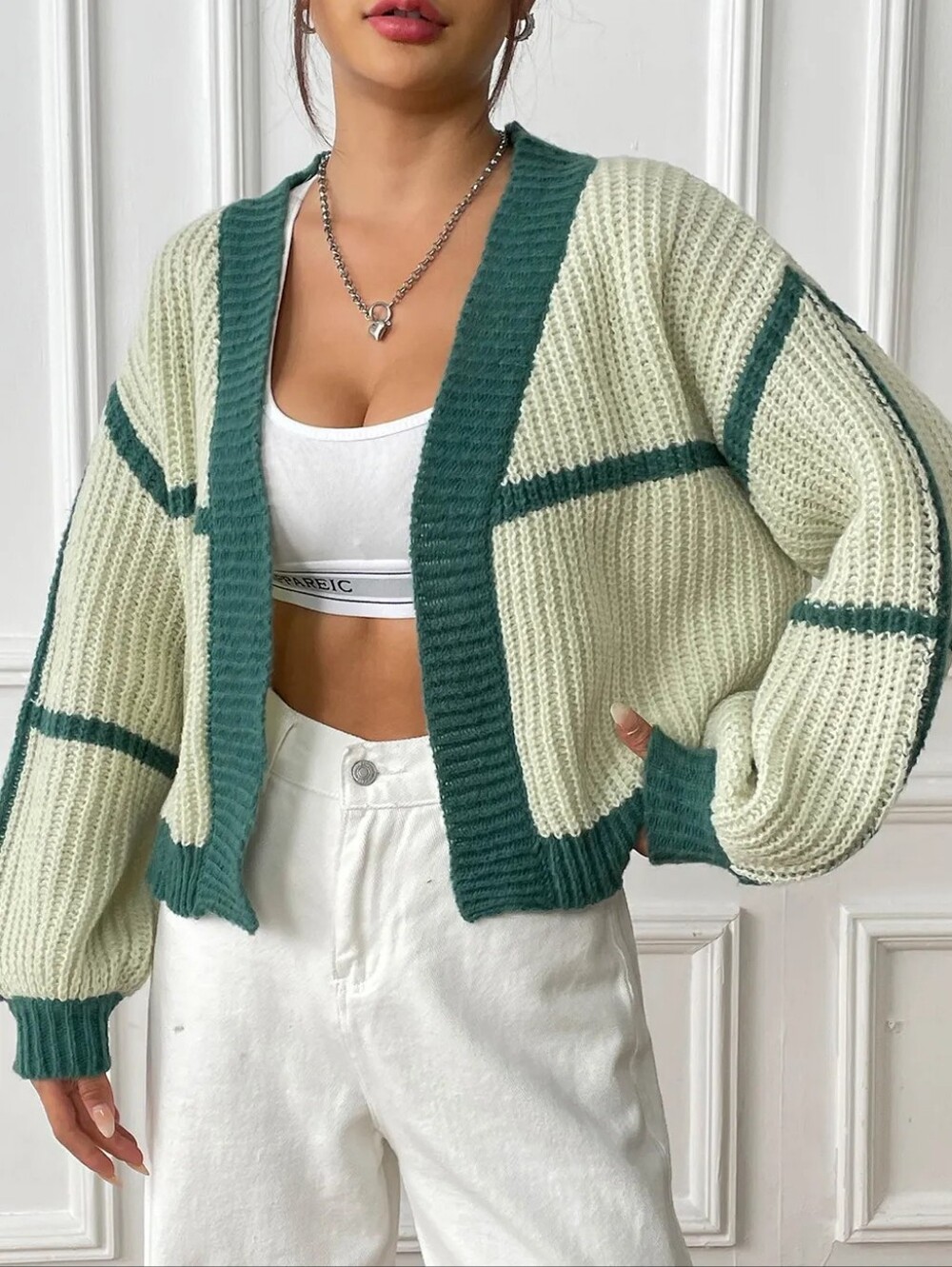 Green Open Front Dropped Shoulder Cardigan